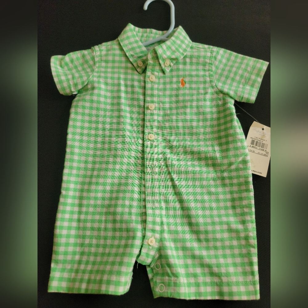 Ralph Lauren Green and White Gingham Button Onesis